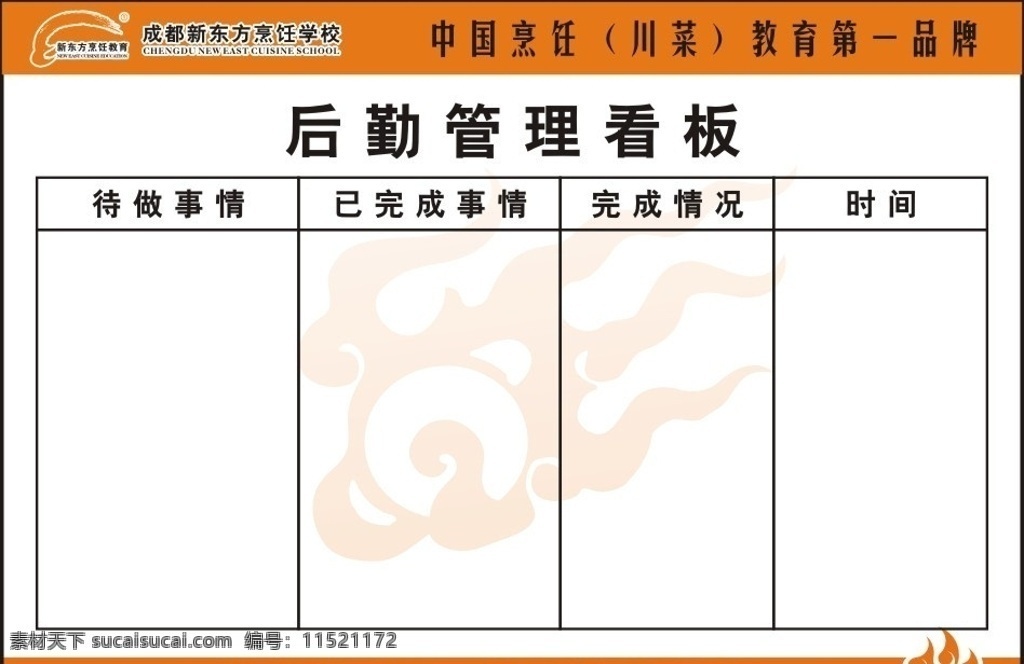 管理看板 成都 新东方 烹饪学校 后勤 管理 看板 黄色 火球底纹 学校 教育 矢量