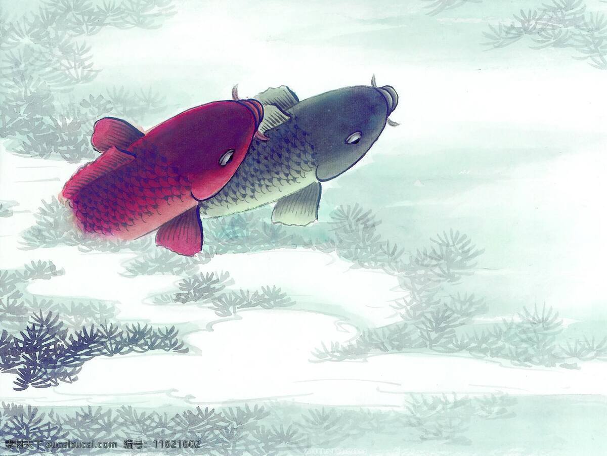 中国 风 水墨画 鱼 中国风 手绘 白色