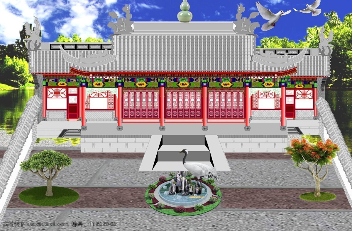 四合院效果图 山西民居 古建筑 建筑设计 三大 四小 翘角 房 环境设计