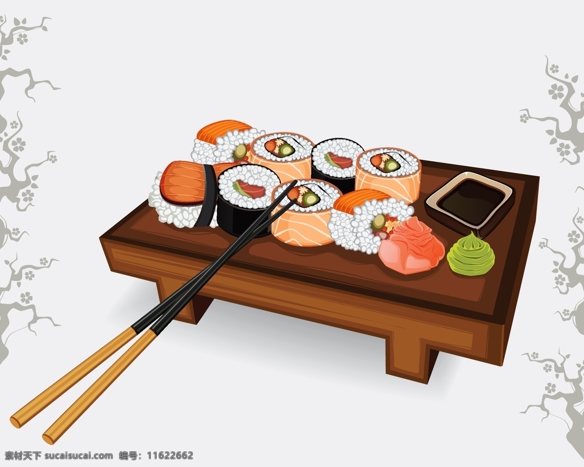 时尚 美食 寿司 插画 三纹鱼 筷子 芥末 食品