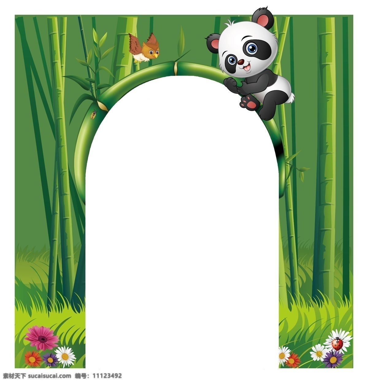 熊猫门183 熊猫 门形 3d 竹子 花朵 小鸟 蝉 绿色 草地 动漫动画 动漫人物