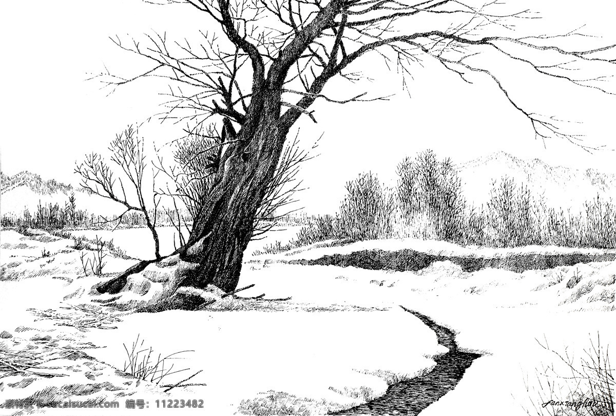 素描风景 素描 风景 雪景 大树 小河 树枝 文化艺术 绘画书法