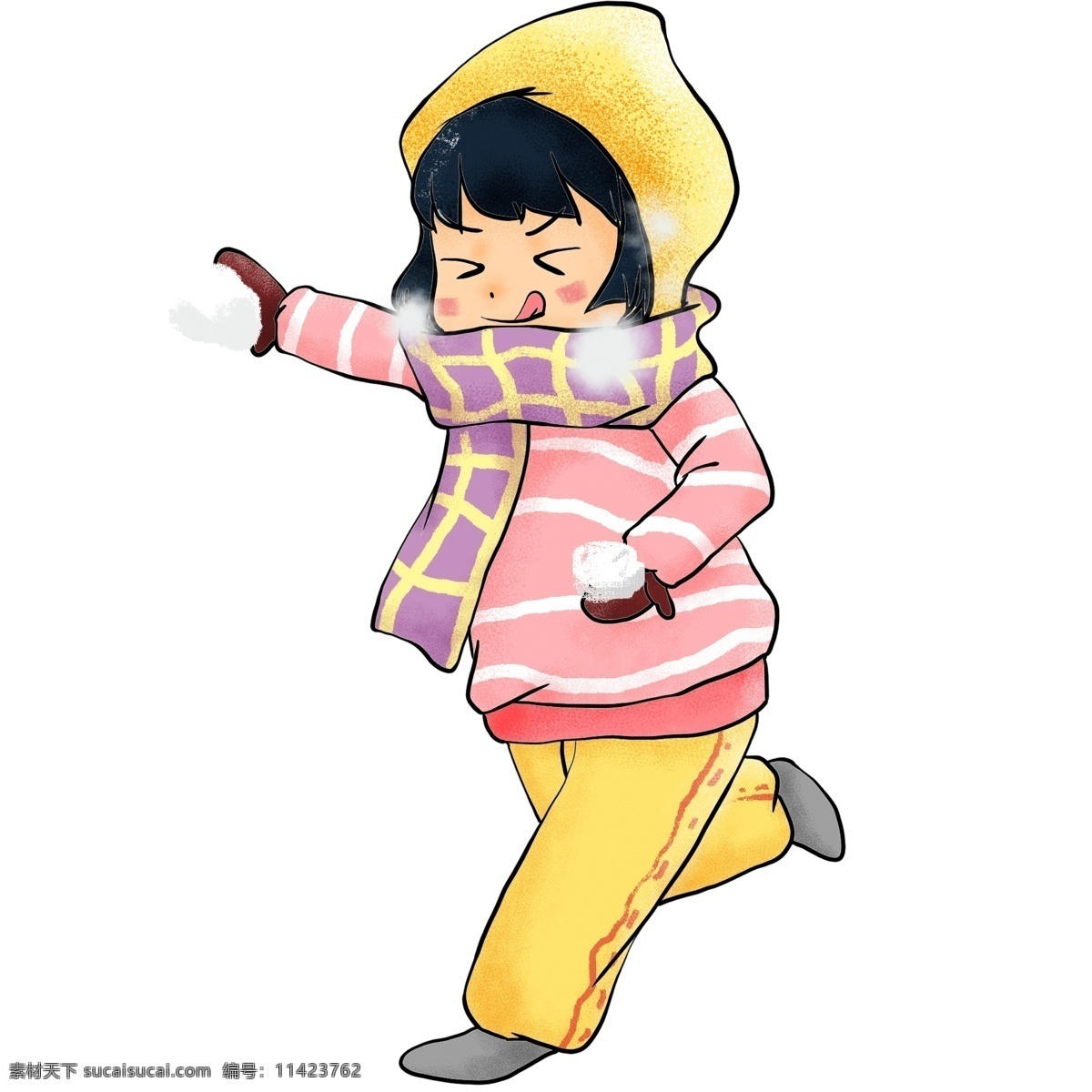 卡通 女孩 扔 雪球 原创 元素 紫色 黄色 冬季 围巾 原创元素 设计元素