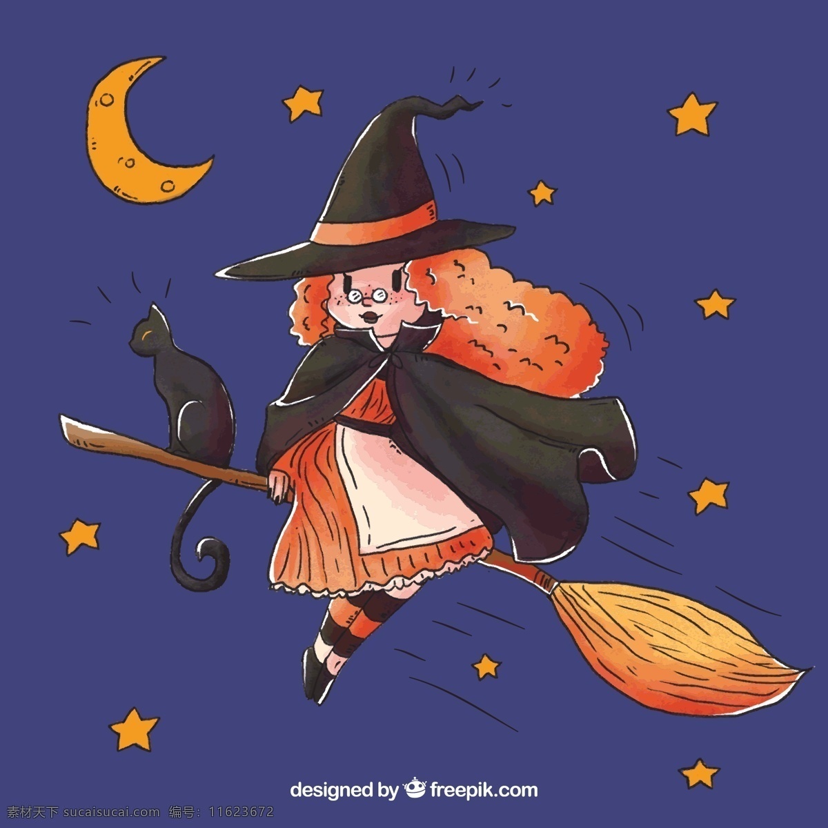 彩绘 巫婆 黑猫 魔女 魔法扫帚 夜晚 星星 文化艺术 绘画书法
