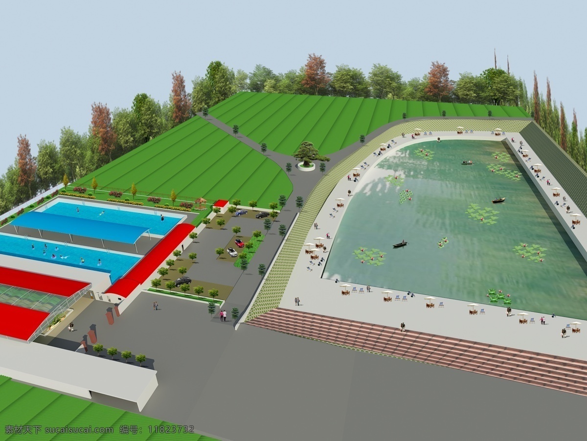 游泳馆鸟瞰图 鸟瞰图 绿化效果图 游泳馆 公园 水上游乐园 分层