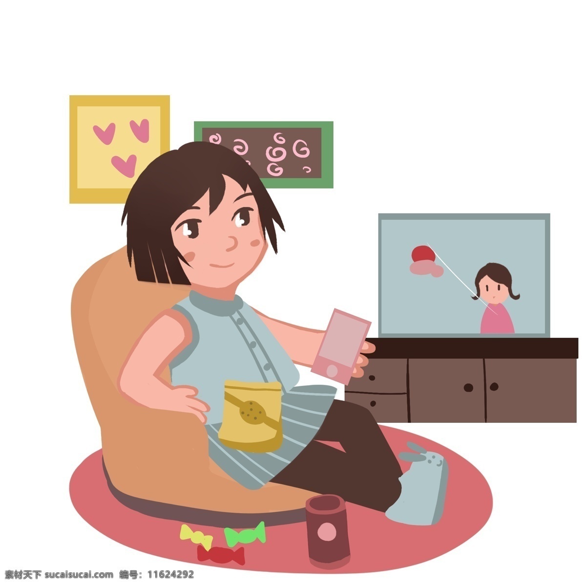 宅 家 看 电视 小女孩 红色的桃心 红色的手机 黄色的沙发 彩色的糖果 人物 手绘 插画 蓝色的电视