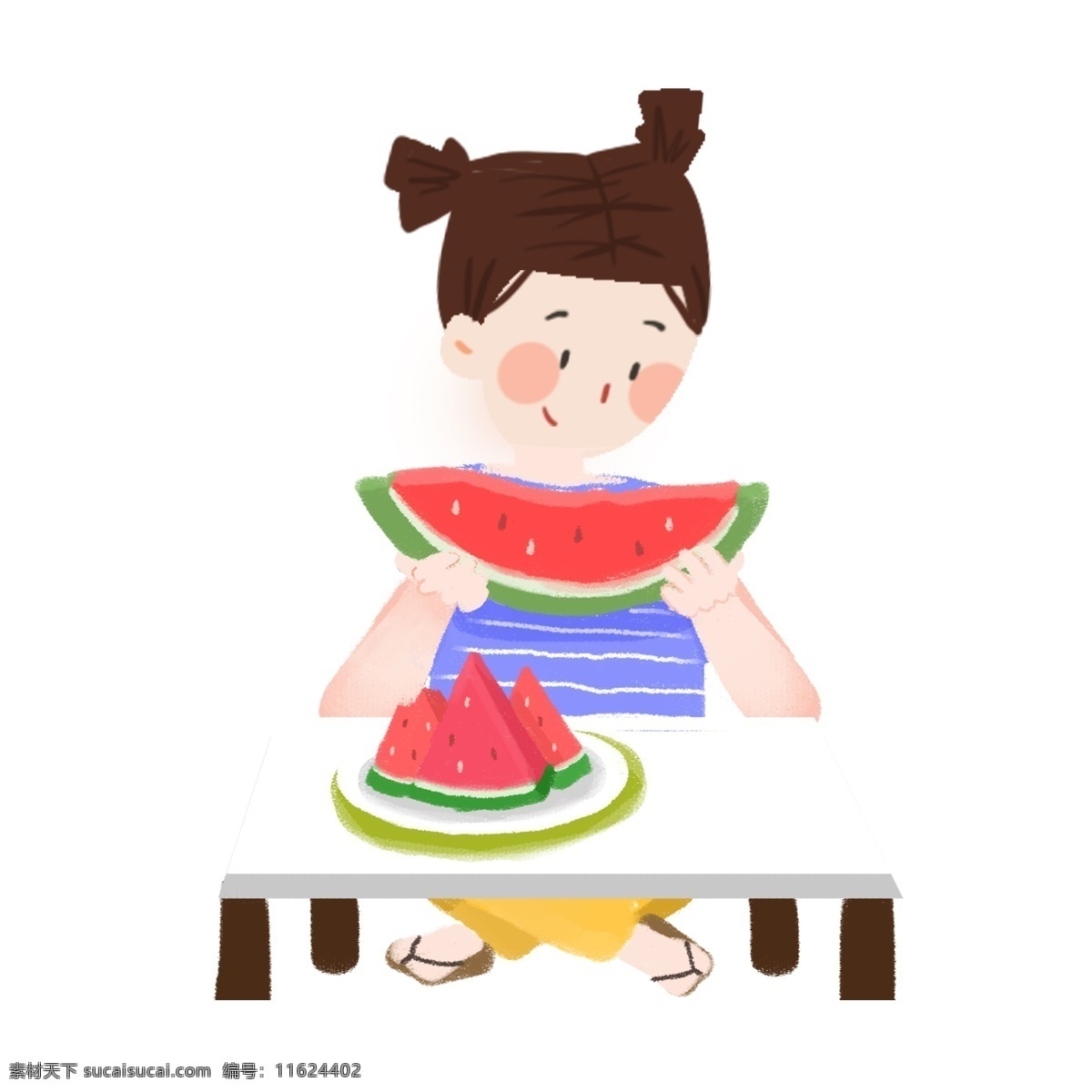 卡 通吃 西瓜 女孩 人物 可爱 清新 桌子 插画 卡通 吃西瓜