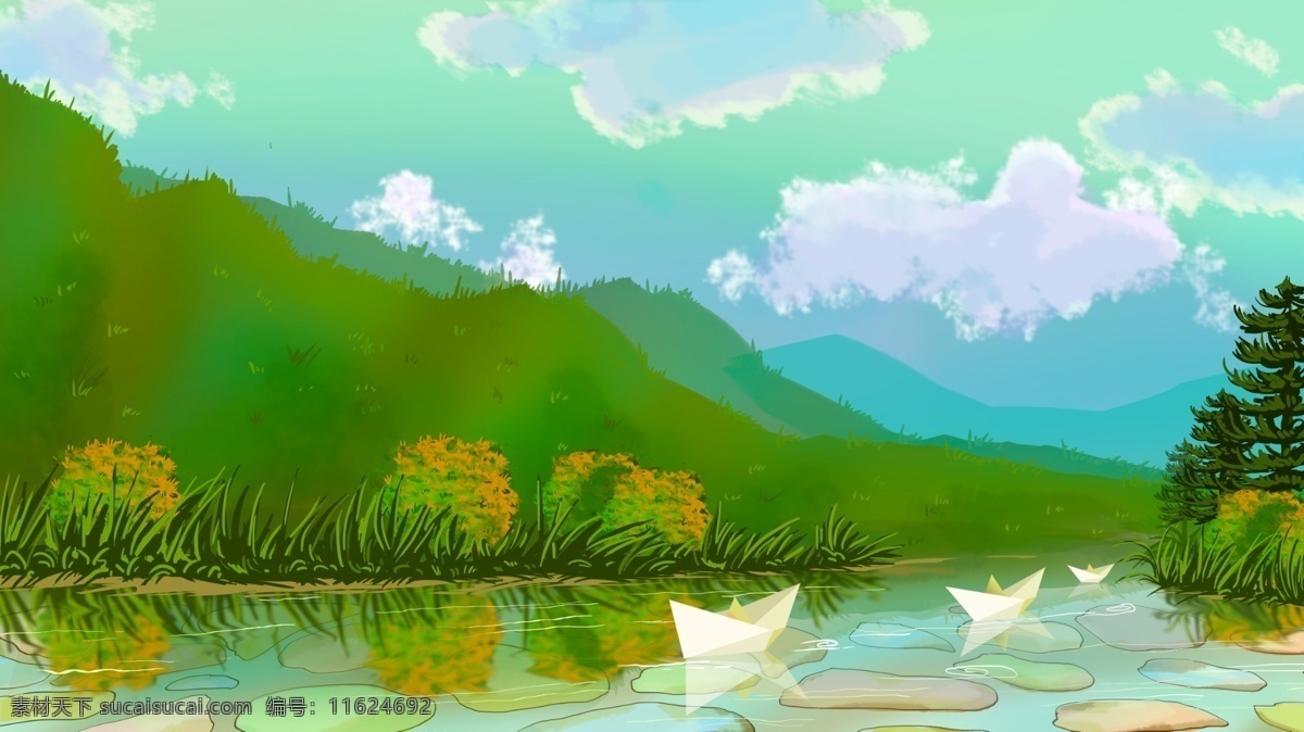简约 清新 秋 期 景 小河 流水 纸船 插画 原创 商业插画 壁纸海报 秋季 理想 微博配图 微信配图 飘荡 生活场景 期盼之情 秋收