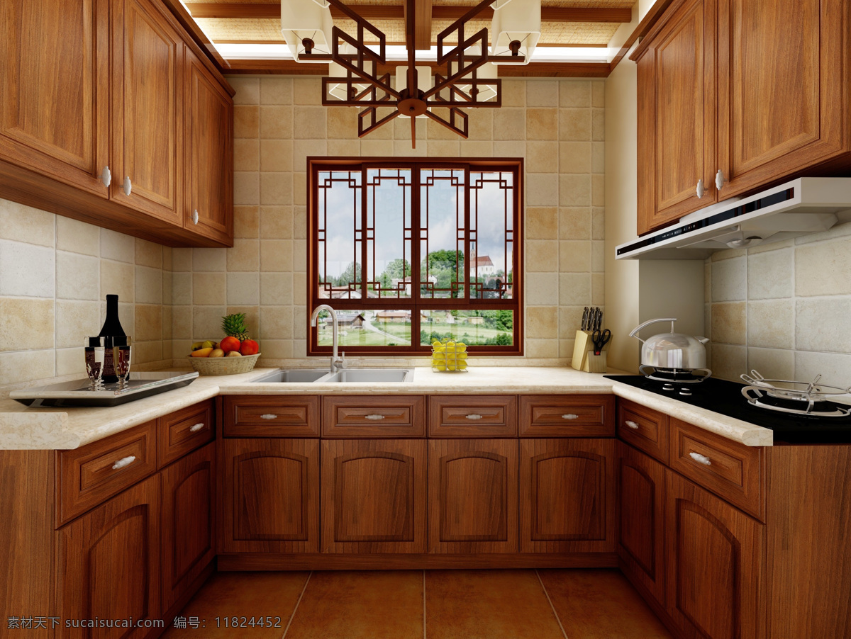 中式 实木 u 型 厨房 效果 室内 中式风格 中式吊灯 中式雕花窗 实木橱柜