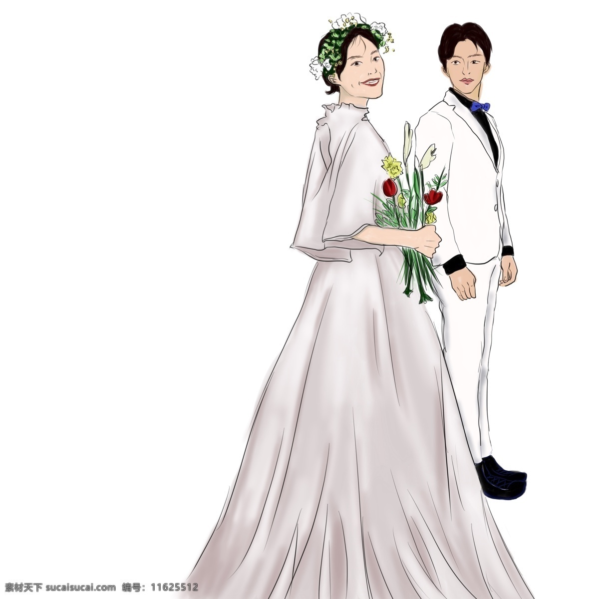 婚礼 新郎 新娘 卡通 插画 情侣 新郎新娘 婚纱 少女 男孩 一对 成双成对 结婚 唯美 捧花 手绘 免抠