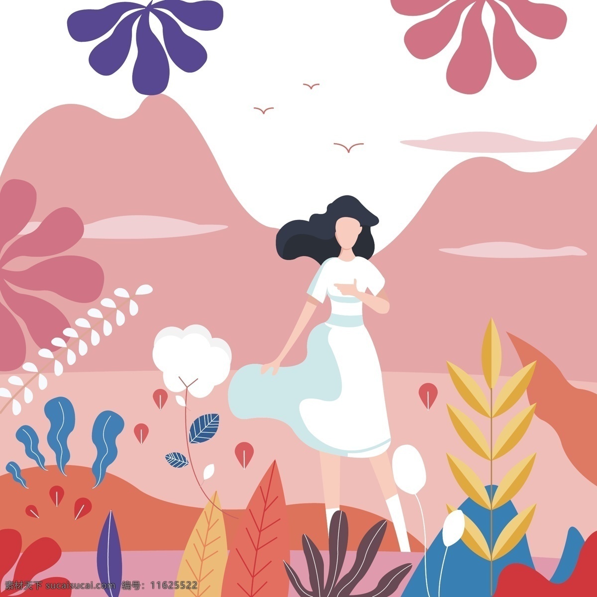 手绘 卡通 少女 插画 草地 红色 清新 女孩 山 春游 旅行 花朵 小鸟 扁平化 扁平 踏青 彩色手绘 小山丘 春天 云朵