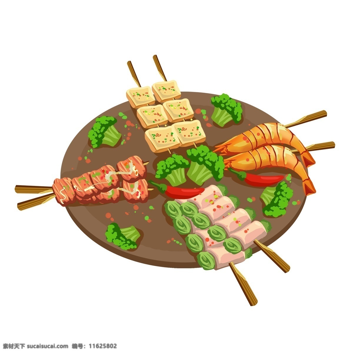 烧烤 肉 基围虾 干 子 美食 撸 串 手绘 食物 小吃 烤肉 烤串 撸串 烤豆腐 西兰花