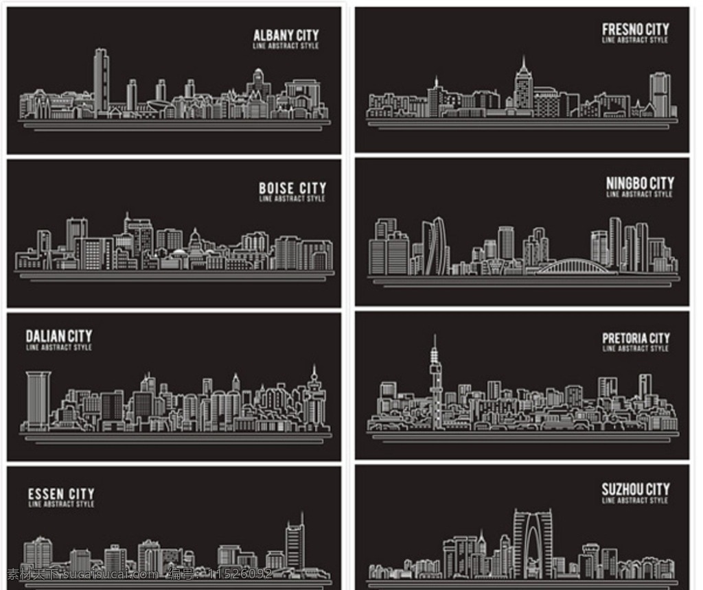 城市线描 矢量建筑景观 线条城市 矢量城市 城市素材 城市建筑 城市地标 苏州市 宁波市 比勒陀利亚市 埃森市 大连市 博伊西市 阿尔巴尼市 城市背景 矢量素材 城市地标线描 共享素材图