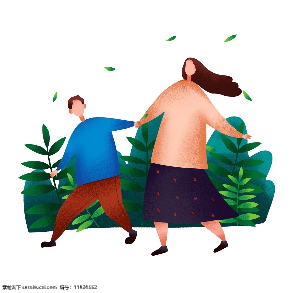 踏青 母子 装饰 插画 踏青的母子 漂亮的妈妈 母亲节插画 绿色的叶子 郊游的母子 卡通人物 植物装饰