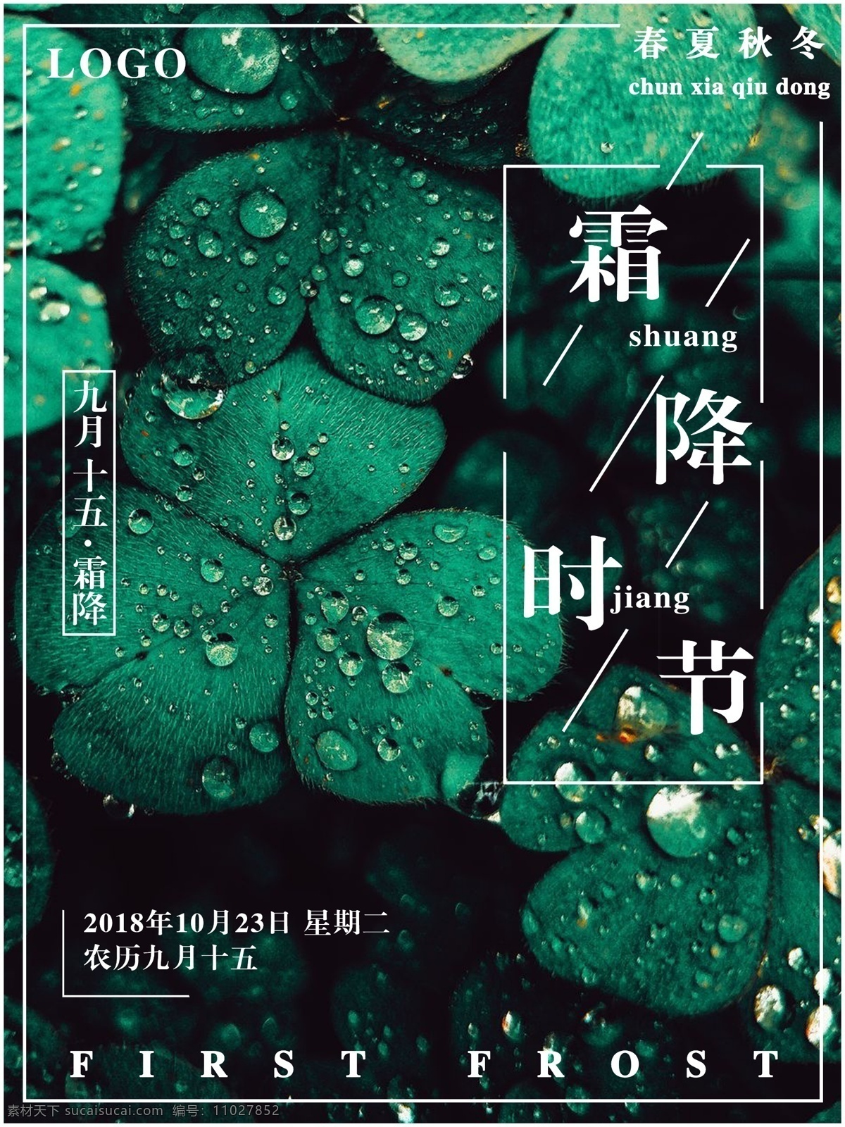 简约 清新 露水 四 叶 草 霜降 时节 节日 海报 四叶草 春夏秋冬 二十四节气 霜降时节