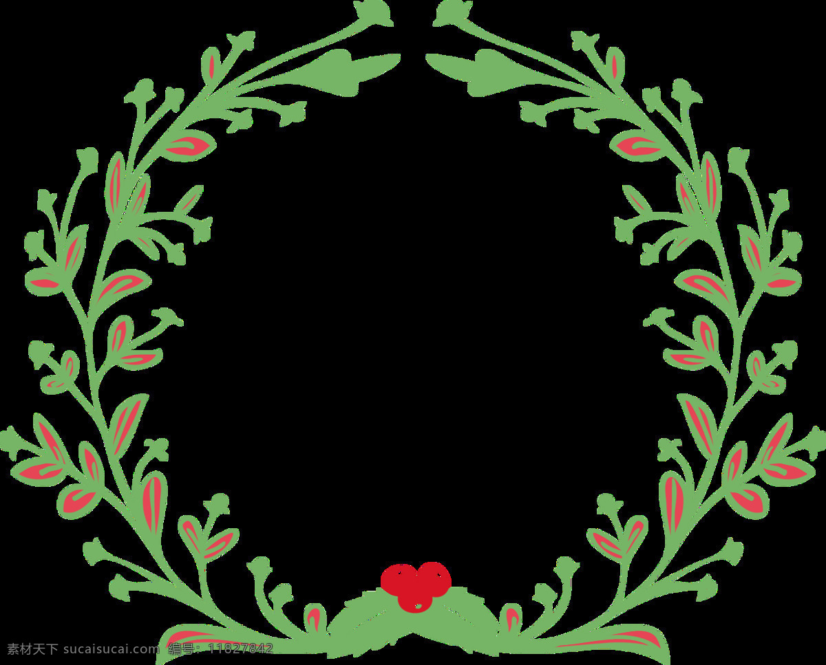 清新 蓝绿色 树叶 手绘 花环 装饰 元素 红色果子 花瓣 花环图案 绿色树叶