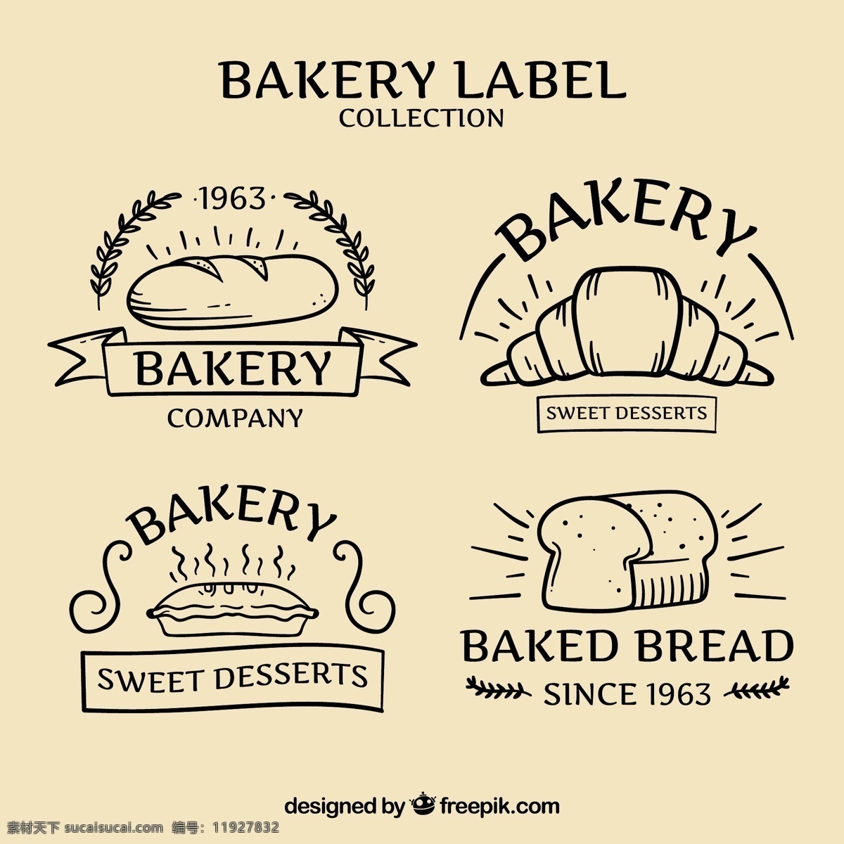 手工 面包 徽章 包 标志 酿酒 食品 商业 手 复古 蛋糕 老式的标志 标签 企业 公司 品牌 贴纸的甜蜜