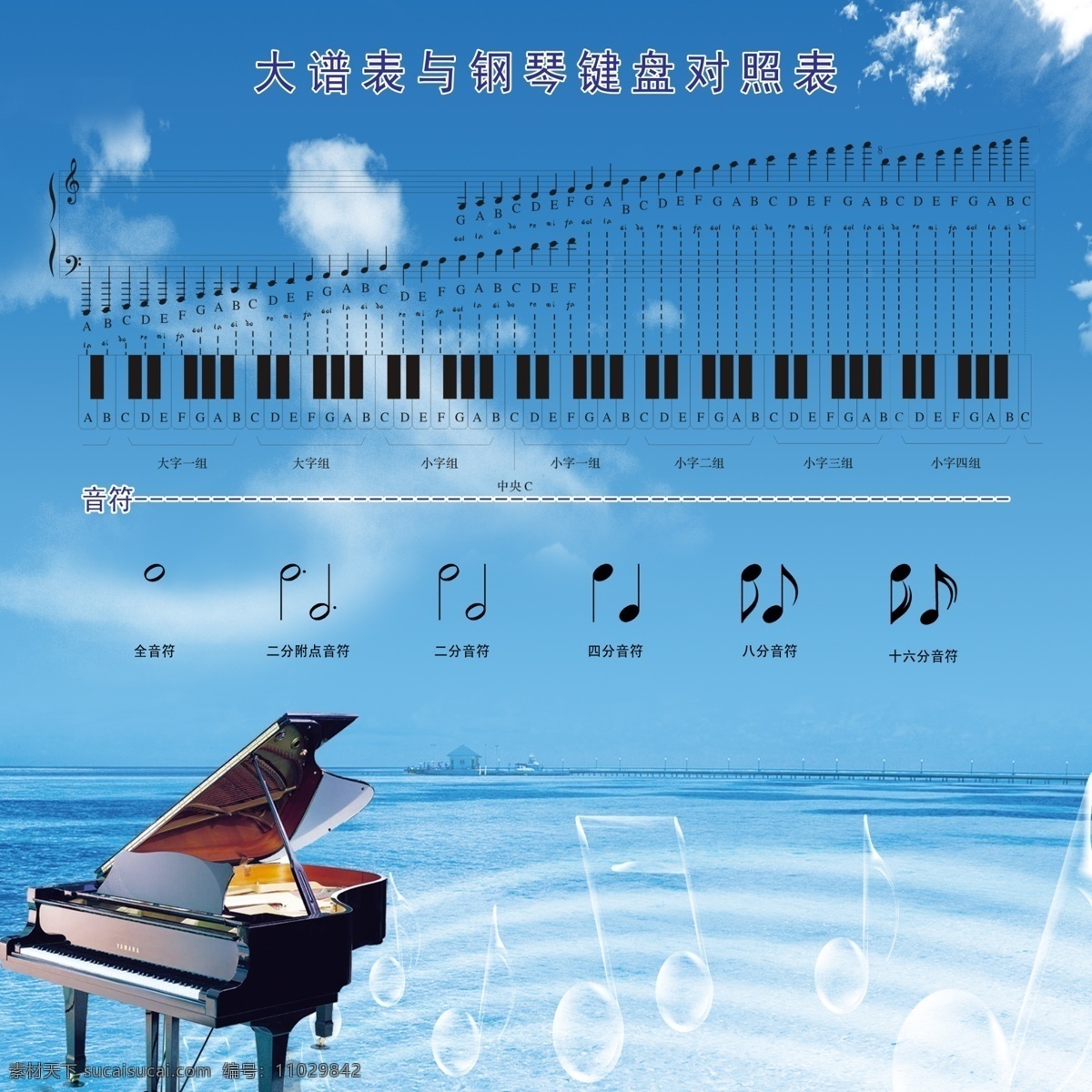 大 谱表 钢琴 键盘 对照 蓝天 大海 音符 钢琴键 白云 广告设计模板 源文件