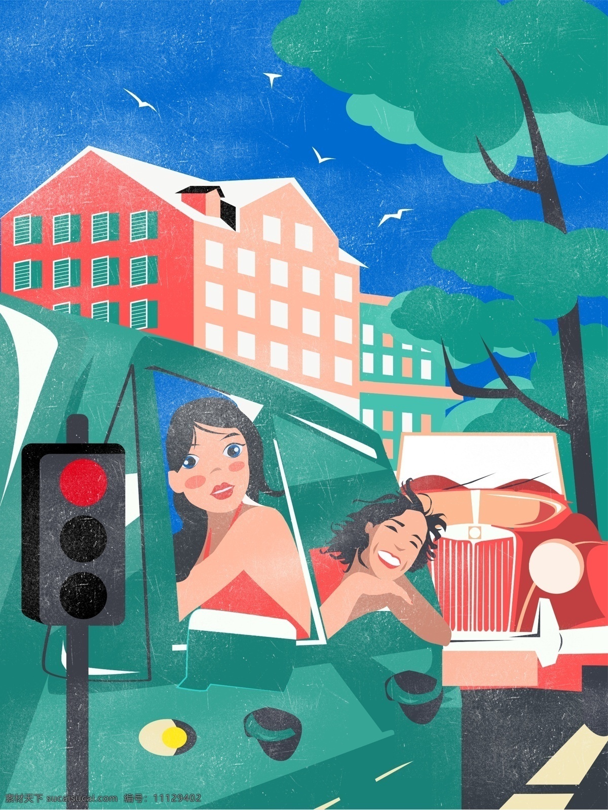 中世纪 复古 纹理 开车 女 司机 别墅 红绿灯 楼房 树木 复古肌理 驾驶 趴着车窗 老爷车 斑马线