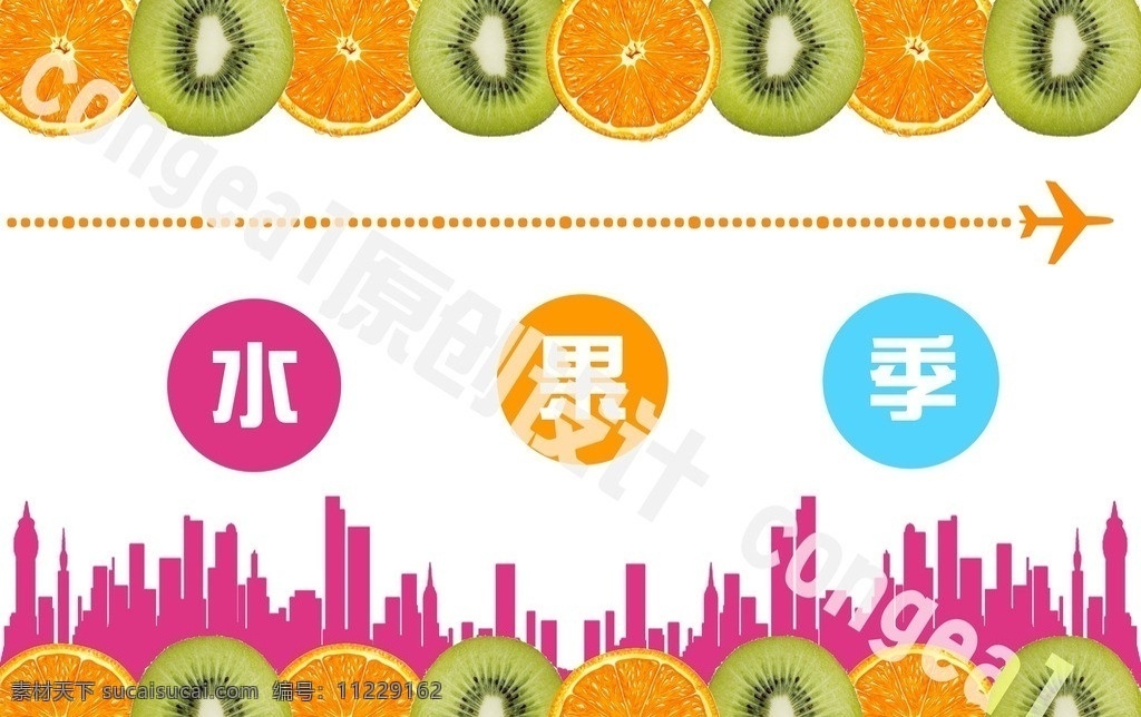 水果季 水果 猕猴桃 橙子 切面 飞机 航线 建筑剪影 彩色 鲜艳 新鲜 时尚 版式 分层 源文件