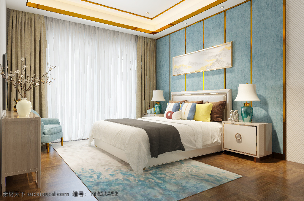 新 中式 风格 时尚 卧室 效果图 大气 简约 背景墙 3d 新中式 温馨