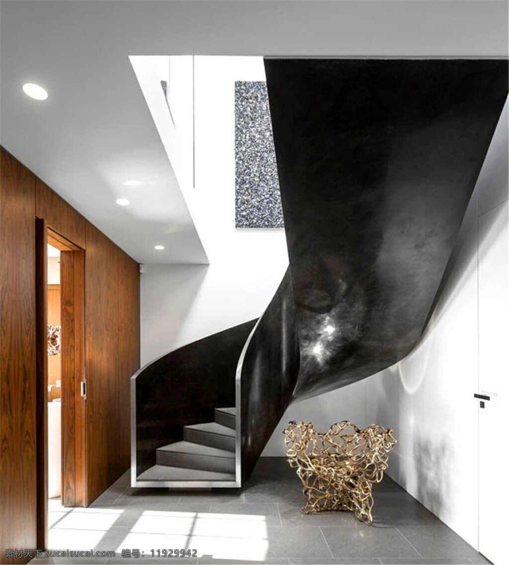 简约 楼梯间 灰色 墙壁 装修 效果图 白色射灯 壁画 灰色地板砖 门框 旋转楼梯