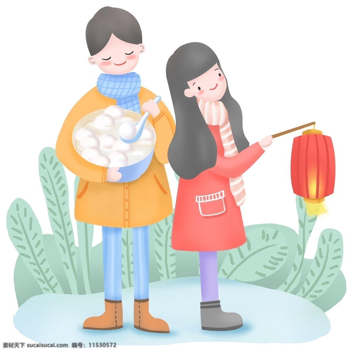 手绘 元宵 佳节 吃 挑灯 笼 场景 红灯笼 碗 勺子 传统节日 喜庆 正月十五