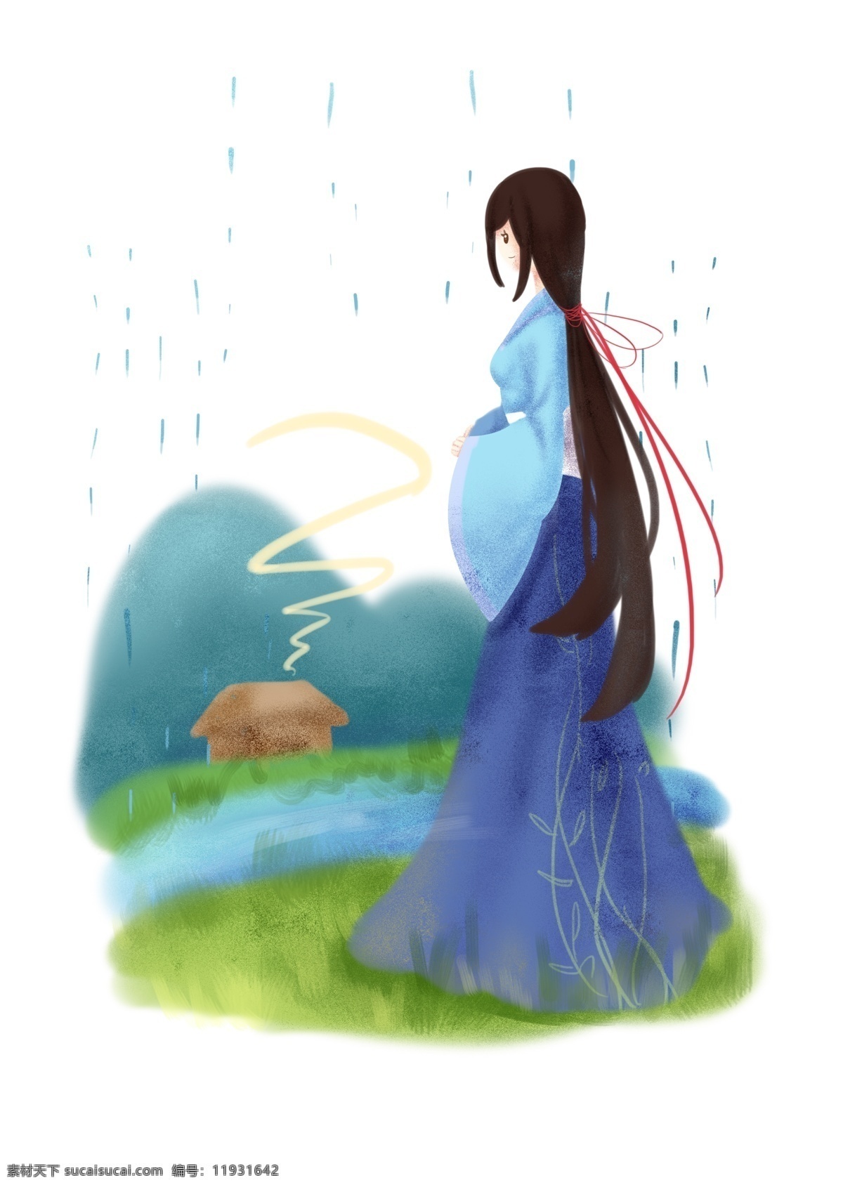 看 雨景 小女孩 插画 清明节 人物 看雨景的女孩 蓝色的雨滴 漂亮的小女孩 卡通人物 植物装饰