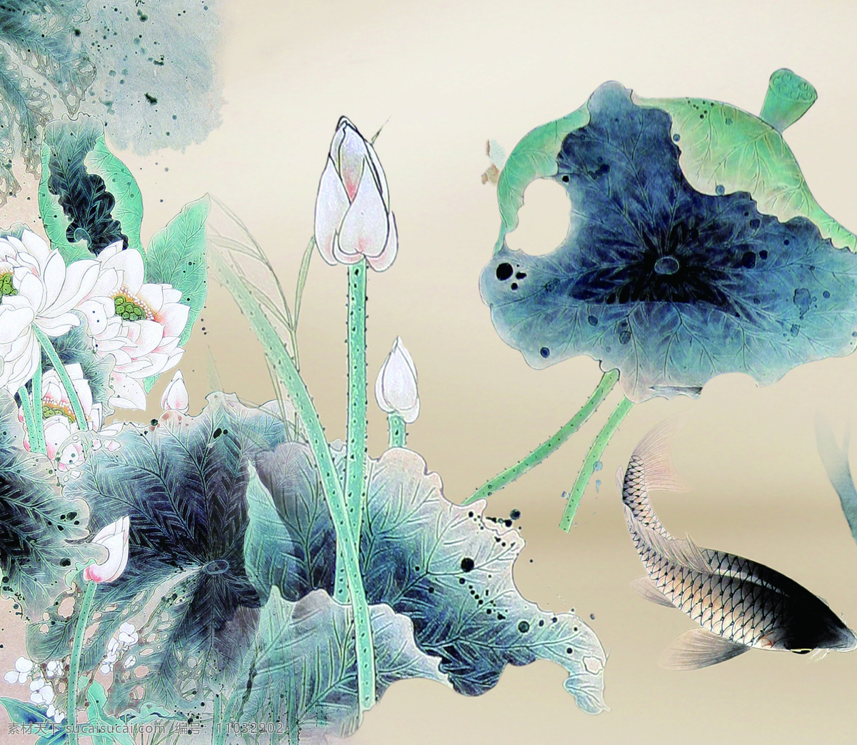 中国 风 莲池 鲤鱼 戏水 水 彩墨 装饰画 中国风 鲤鱼戏水 水彩墨 墨色