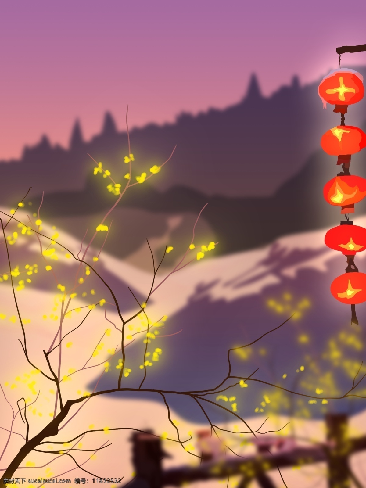 紫色 浪漫 风景 插画 背景 紫色背景 浪漫背景 树木 灯笼 广告背景 背景素材 插画背景 通用背景