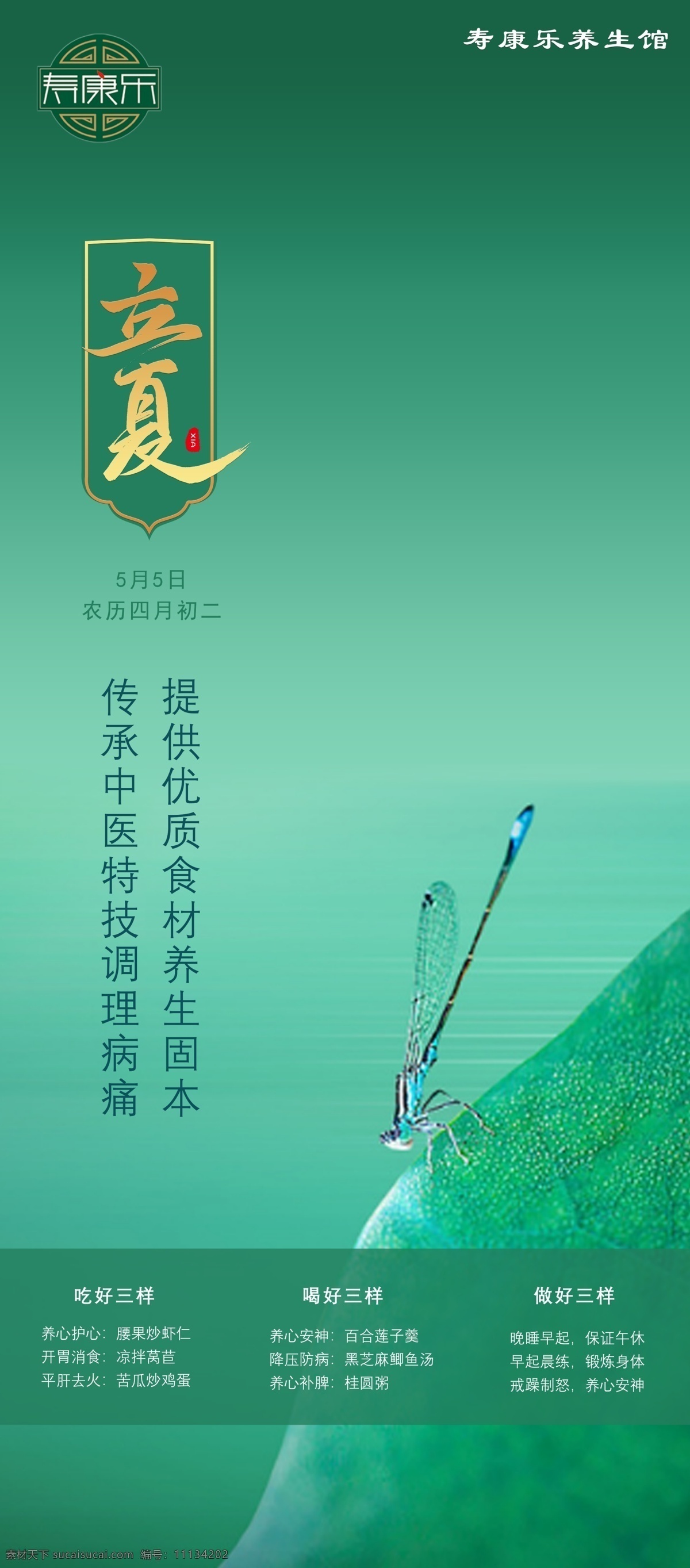 立夏 海报 易拉宝 蜻蜓 清新 养生 荷叶 绿色 分层