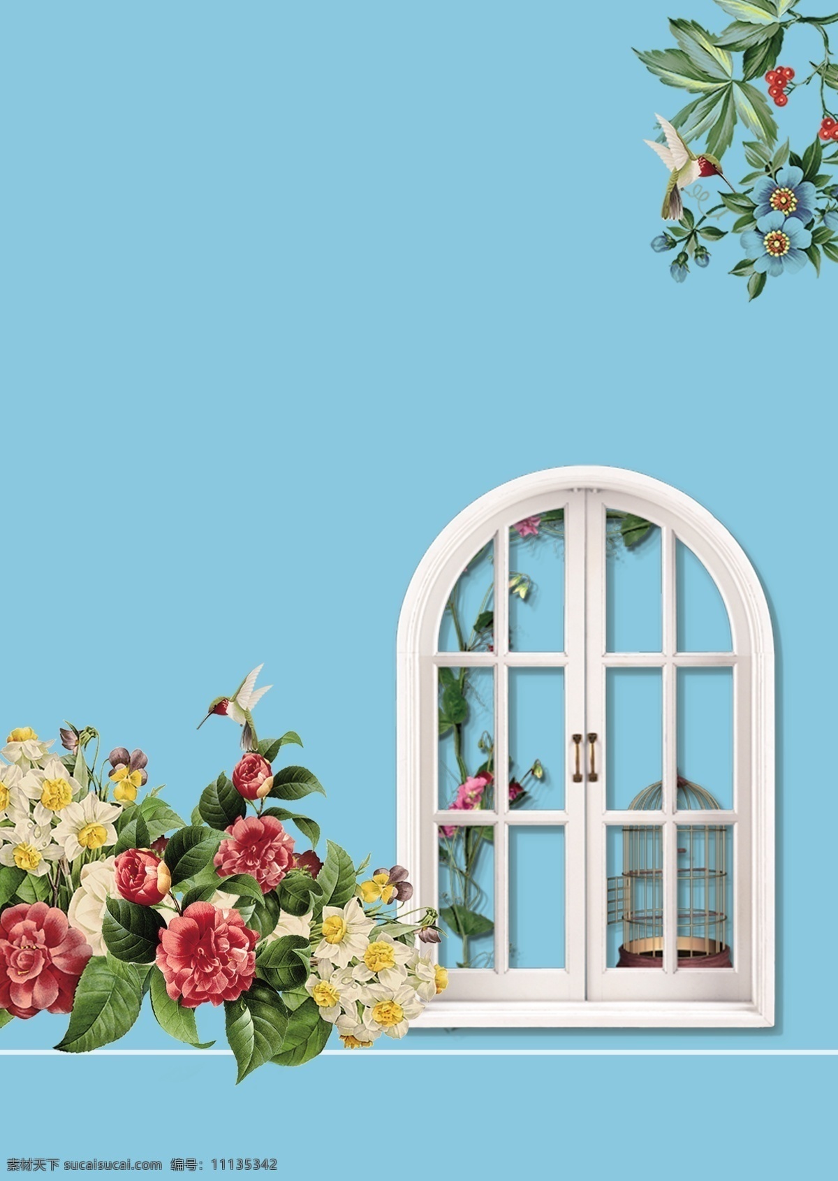 简约 盛开 牡丹花 家居 广告 背景 广告背景 蓝色背景 花朵 窗户 鲜花 赏花 美丽