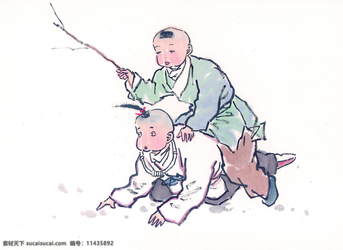 儿童 骑马 国画 木棍鞭