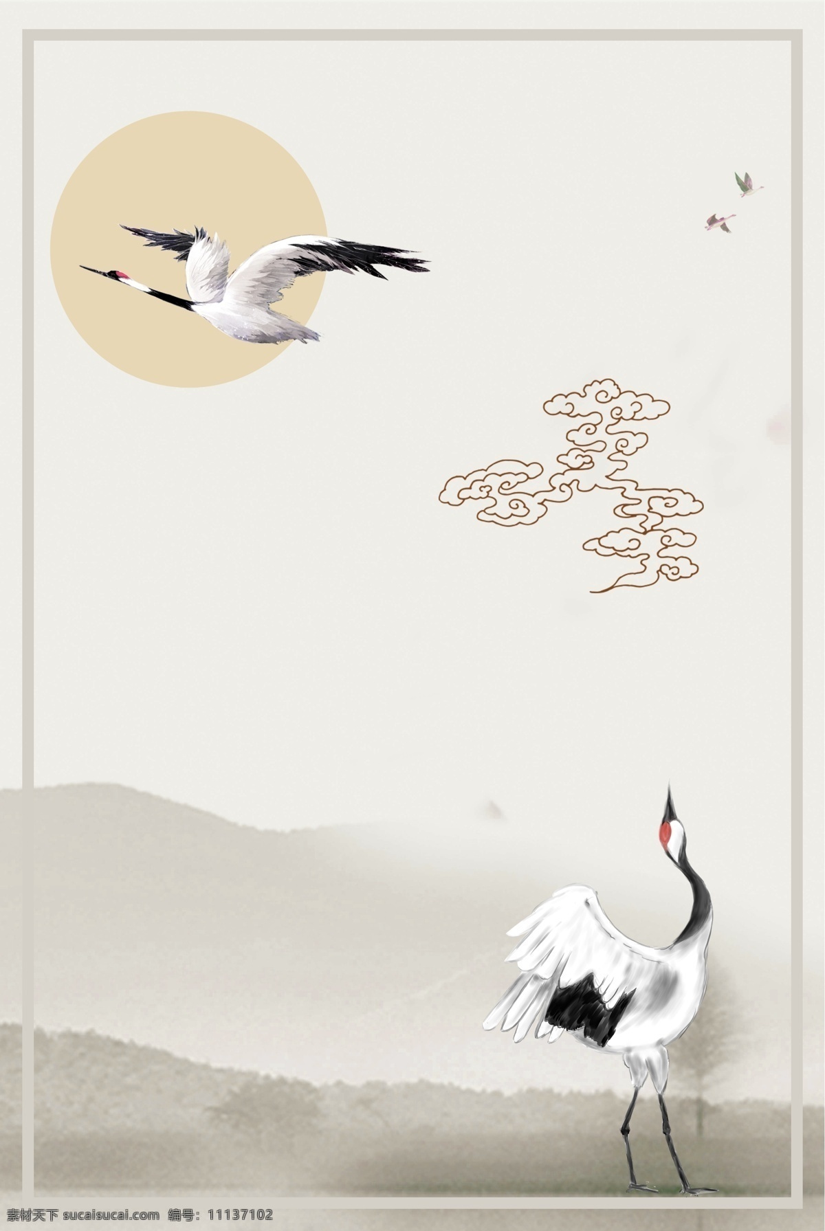 灰色 白露 仙鹤 背景 创意 古风 节气 传统 装饰 飞鸟