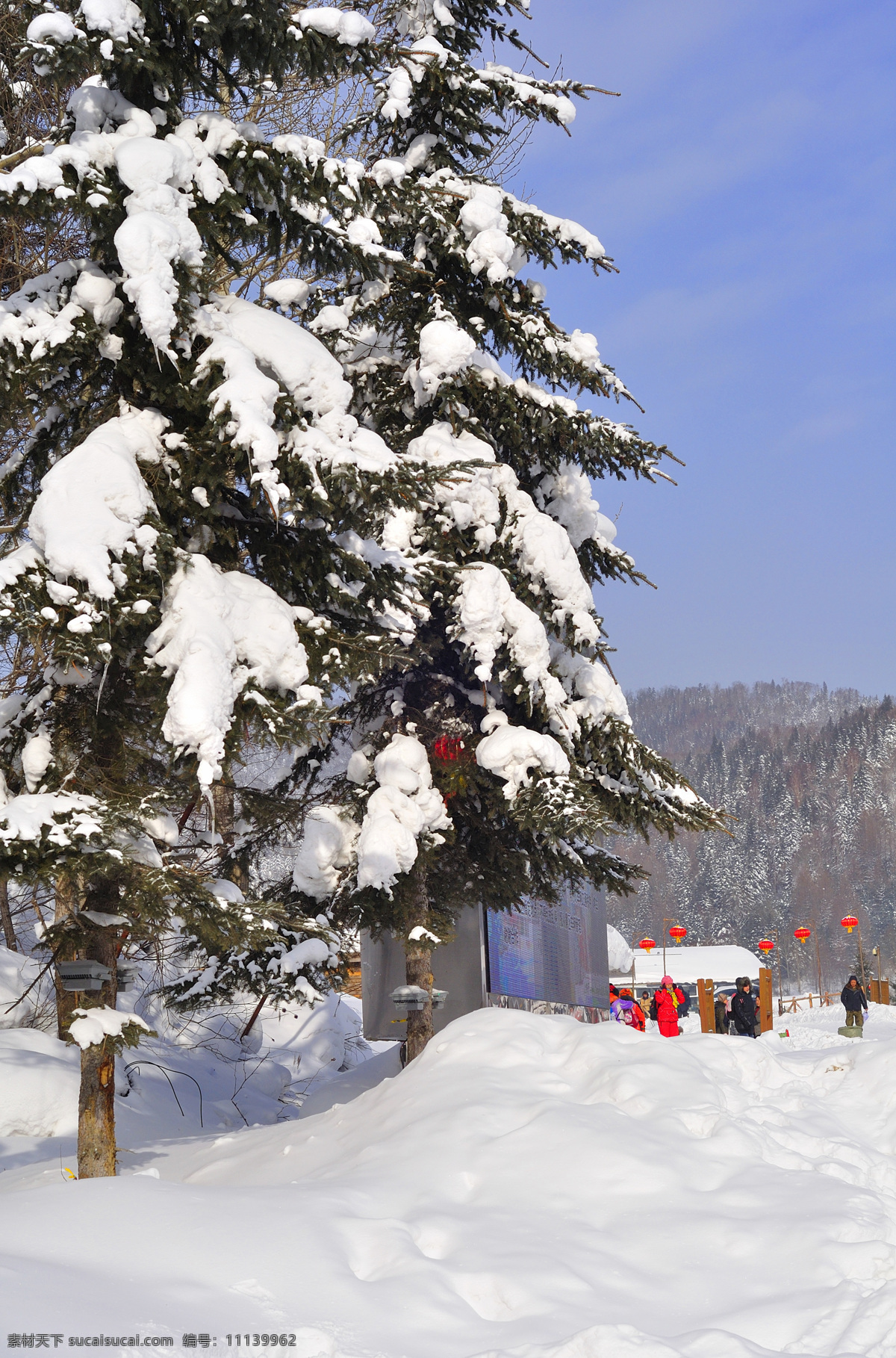 房屋 广告牌 红灯 积雪 蓝天 山峦 射灯 雪乡 松树 游人 冬季 冰雪 树挂 凇 自然风景 自然景观 矢量图