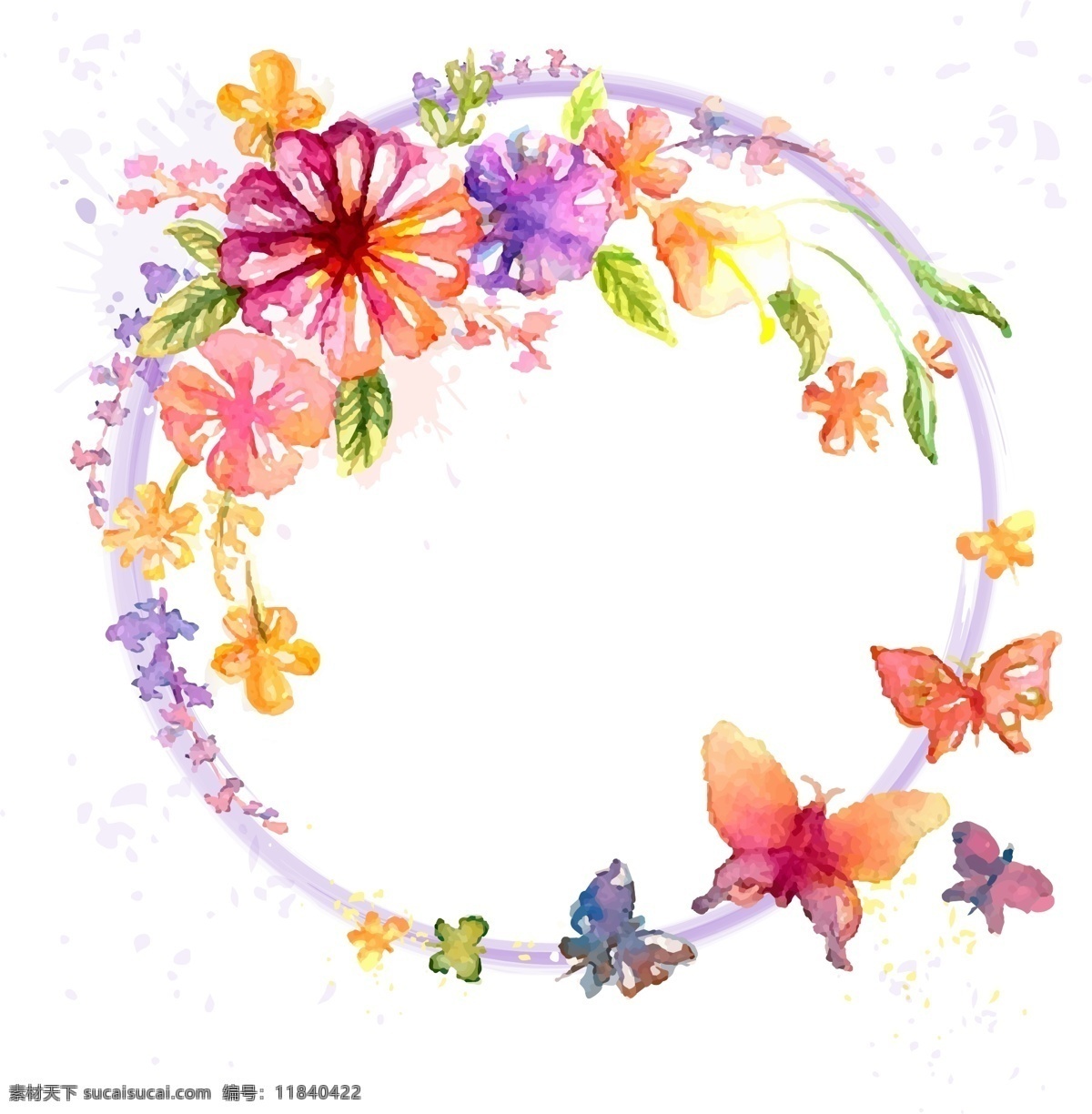 手绘 彩色 花朵 花环 元素 唯美 色彩 线条 彩色蝴蝶 ai元素 免抠元素 透明元素