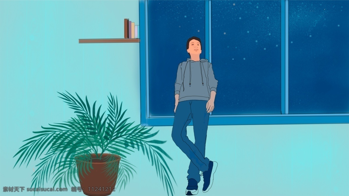 治愈 系 个人 中秋节 插画 一个人 星空 窗 植物 中秋夜