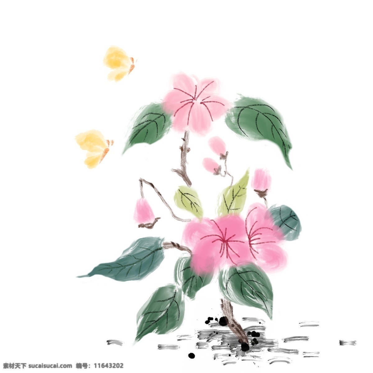 水墨 粉色 花朵 插画 粉色的花朵 花卉 植物 绿叶装饰 水墨鲜花 黄色蝴蝶装饰 水墨画 花枝 中国风插画