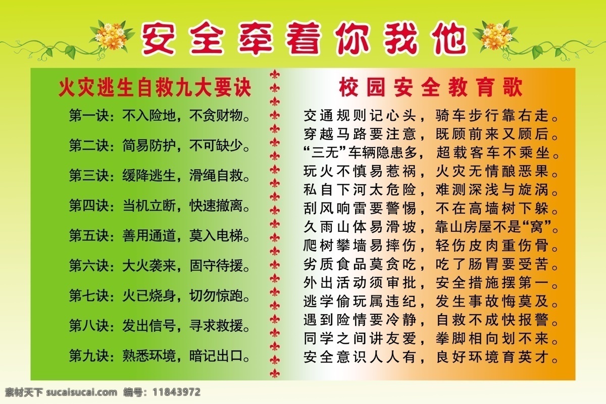 校园 安全 教育 歌 海报 牵 你我 绿色 黄色 火灾逃生自救 花朵 广告设计模板 源文件