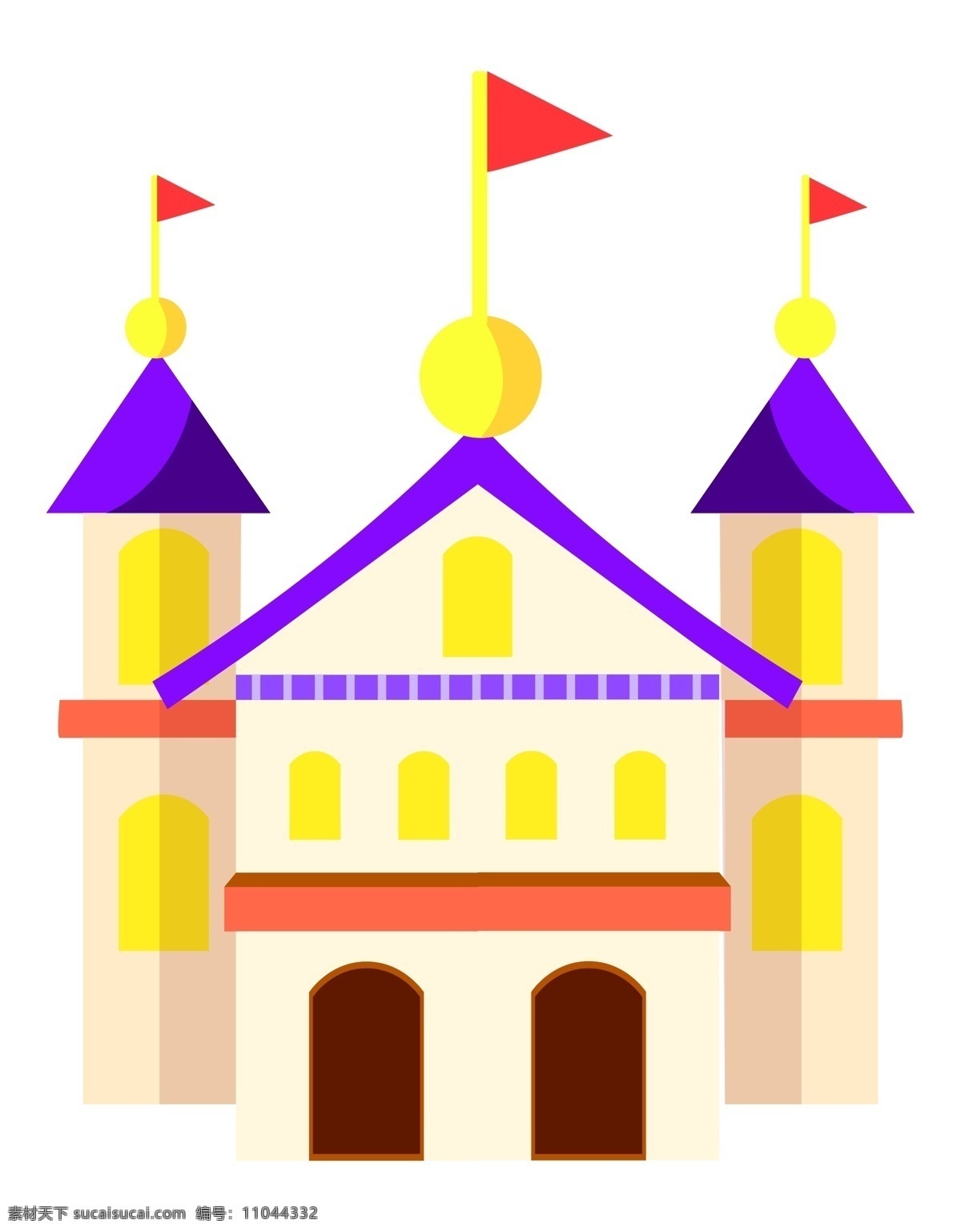 小旗 子 装饰 城堡 插画 小旗子装饰 浅色的城堡 城堡建筑 紫色屋顶 梦幻城堡 城堡装饰插画 卡通插画
