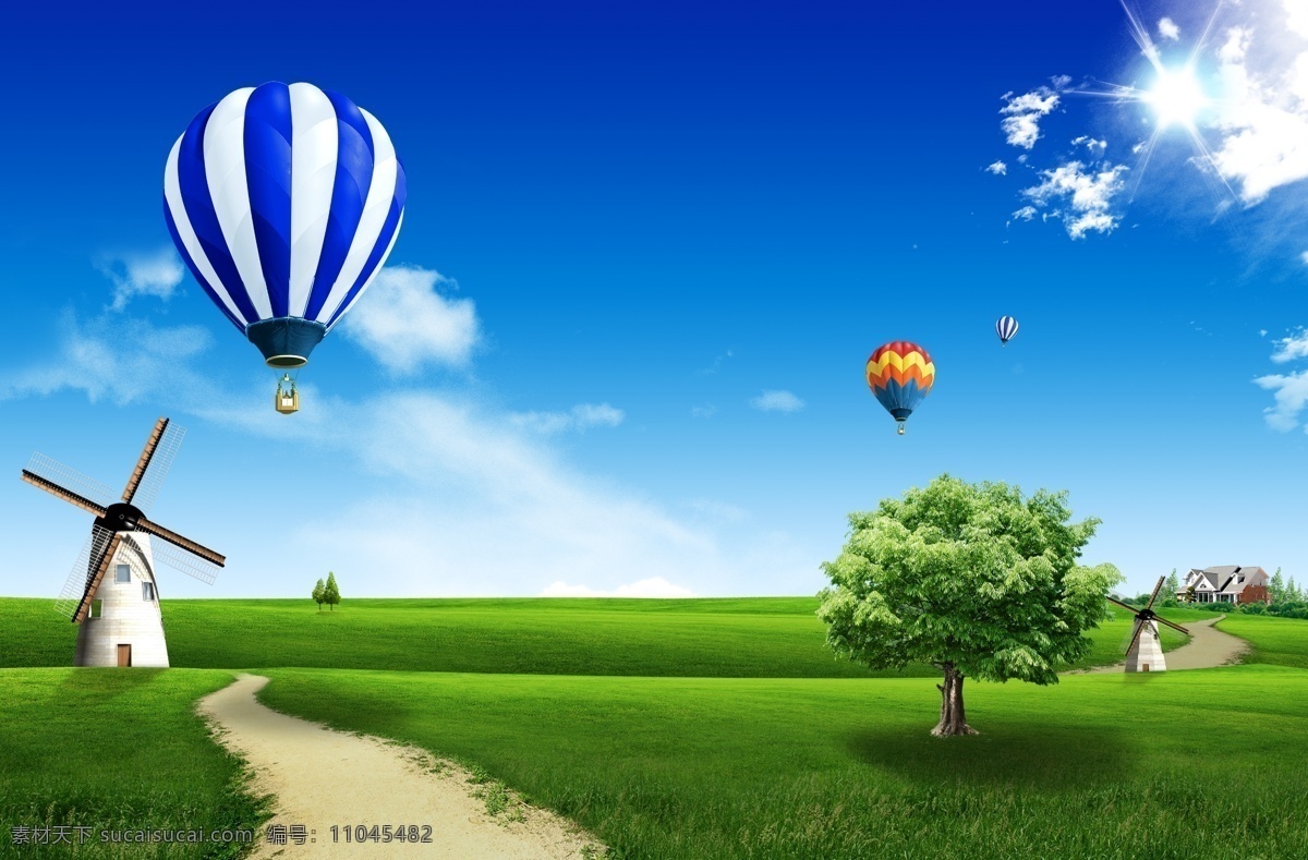 风景 氢气球 风车 树木 蓝天 天空