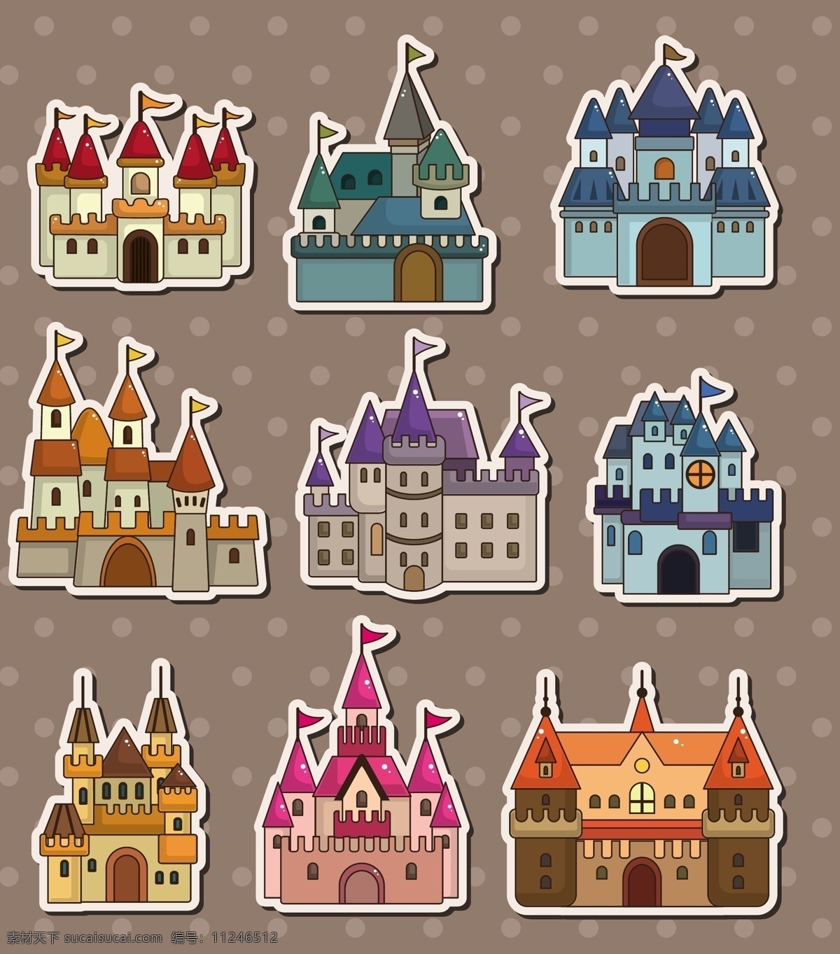 卡通 彩色 城堡 建筑 插画 可爱 城市 童话