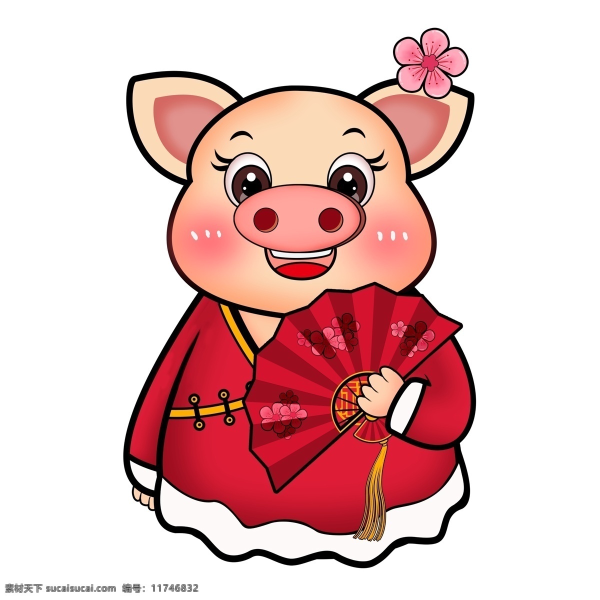 中国 风 折扇 猪 女孩 中国风 红色 喜庆 插画 春节 猪猪女孩 新春 新年 猪年 2019年 小猪形象 猪年形象 桃花