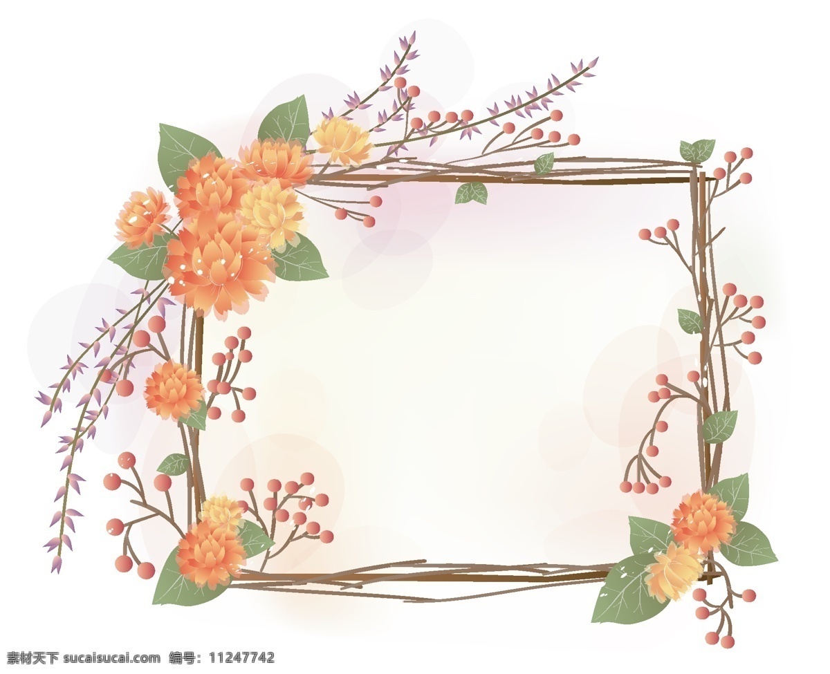 清新 淡雅 方型 树枝 花边 框 背景 方框 唯美 别致 梦幻 花朵 小果实 绿叶 花纹 边款 底纹 矢量 底纹边框 花边花纹