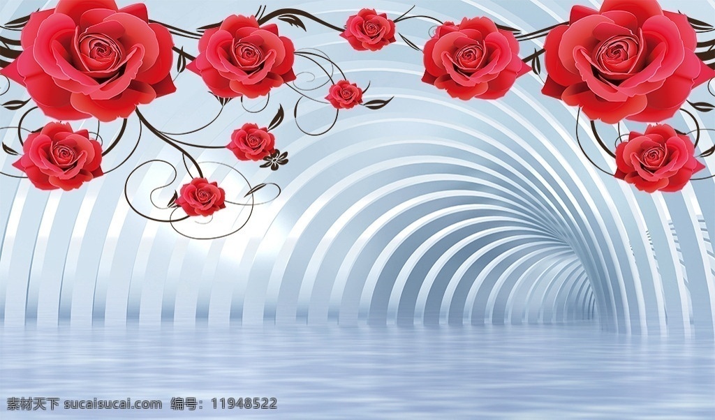 3d倒影玫瑰 3d 弧形 空间 倒影 红色 玫瑰 花藤 分层 背景墙 装饰画