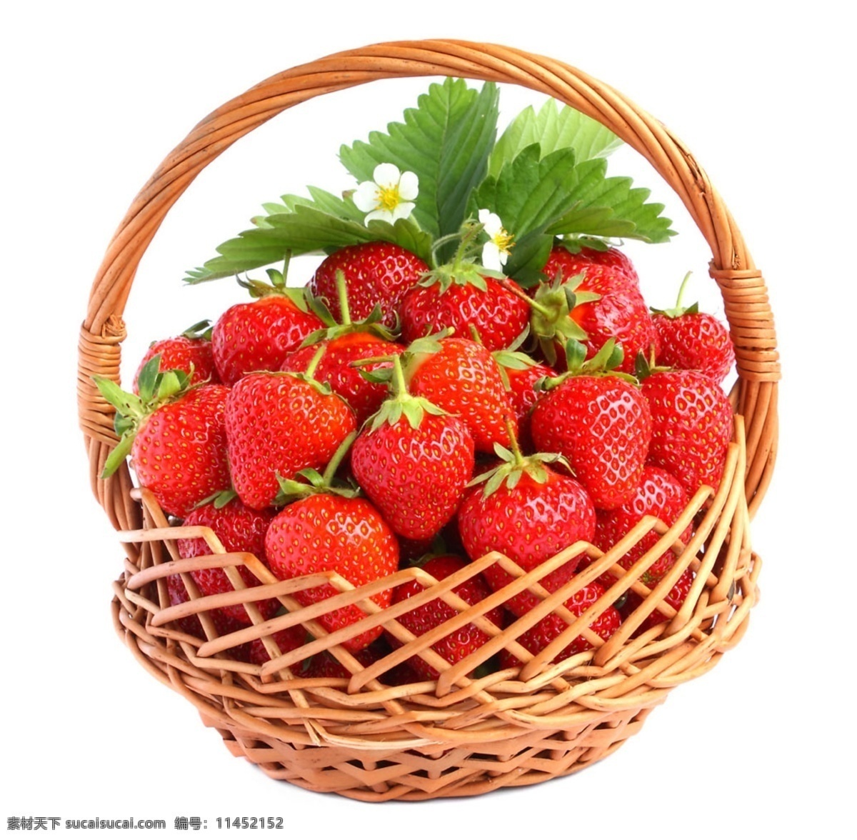 水果 草莓 竹篮 绿色 果实 食物 花朵