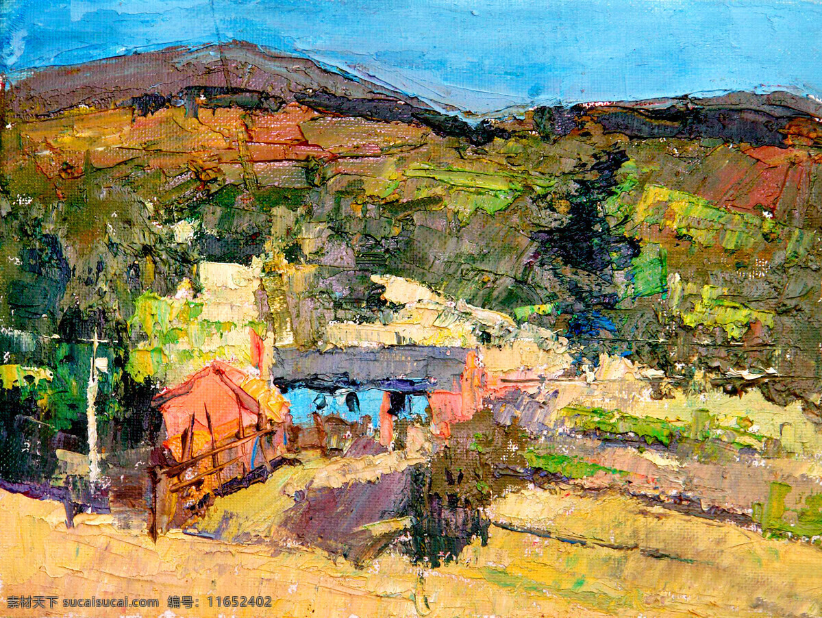 房屋 风景画 绘画书法 美术 山地 山岭 树木 山里人家 油画 山野 村子 油画艺术 油画作品34 文化艺术