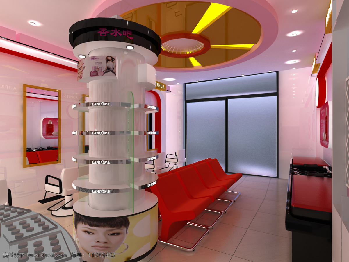 理发店 效果图 3d 灯箱 柜台 环境设计 墙纸 室内设计 天花 洗头床 椅子