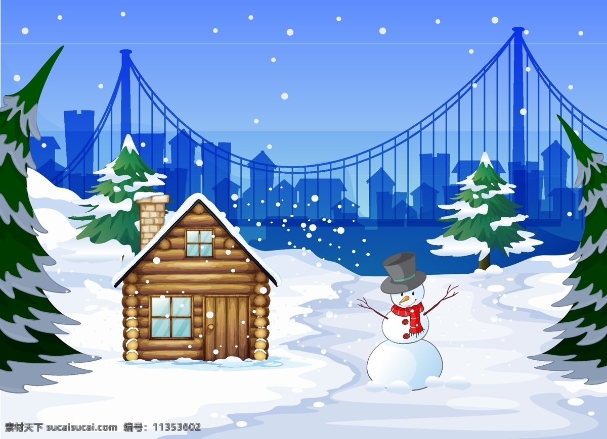 冬天 里 小屋 雪人 插画 风景 唯美 冬季 下雪 雪花