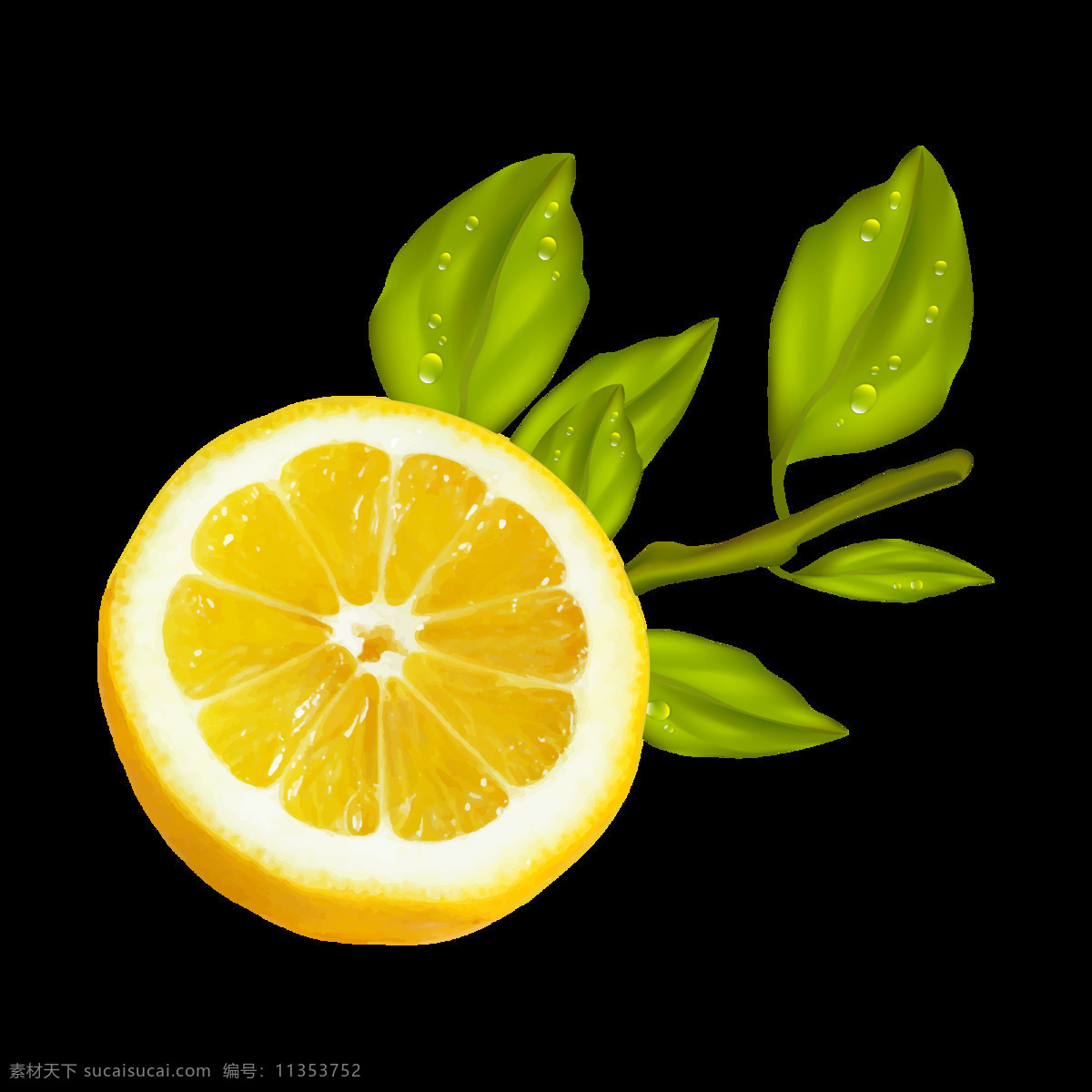 手绘 绿叶 柠檬 元素 水果 新鲜 水珠 免抠